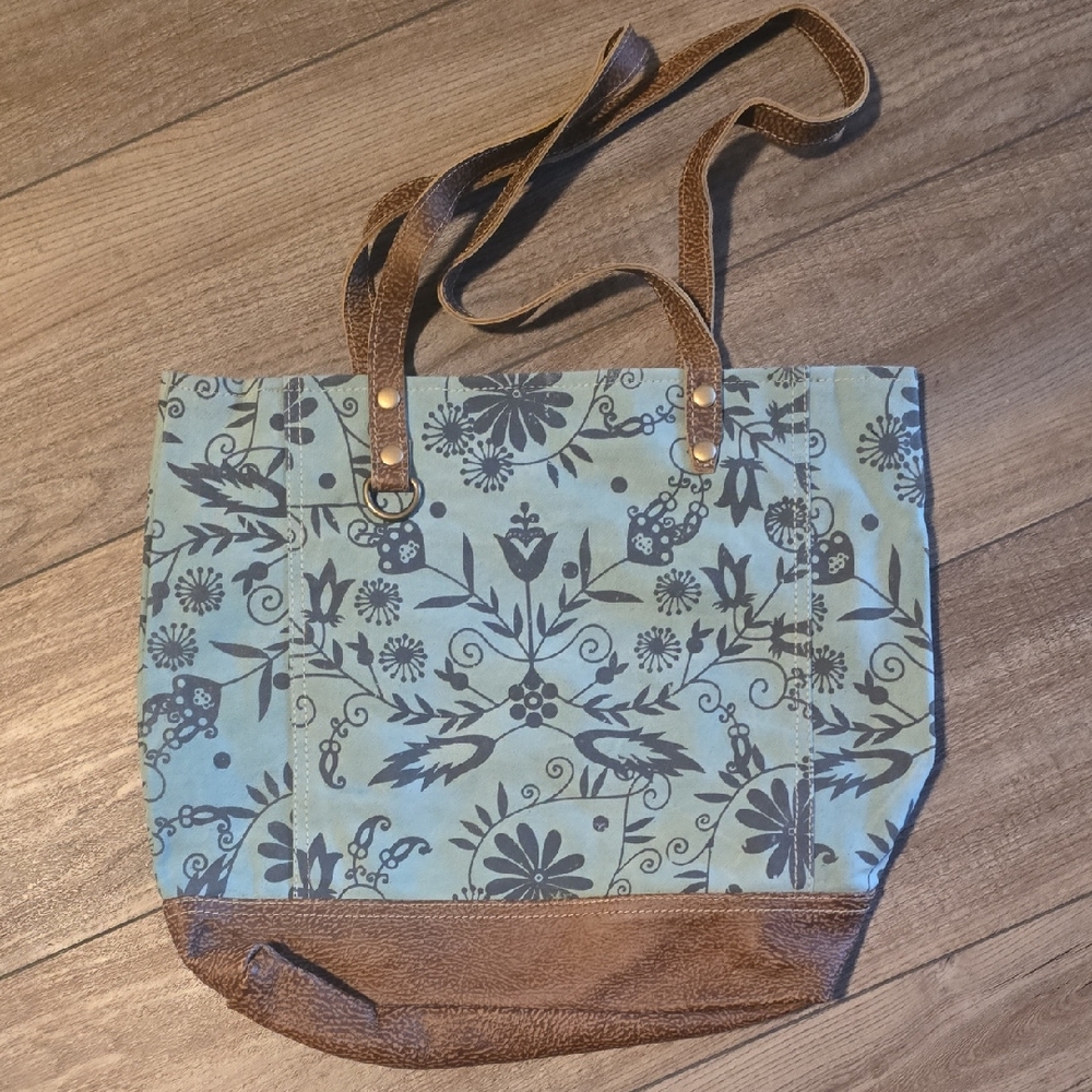 Myra Bag Floral Patterned Sage Tote Bag with Brown Accents